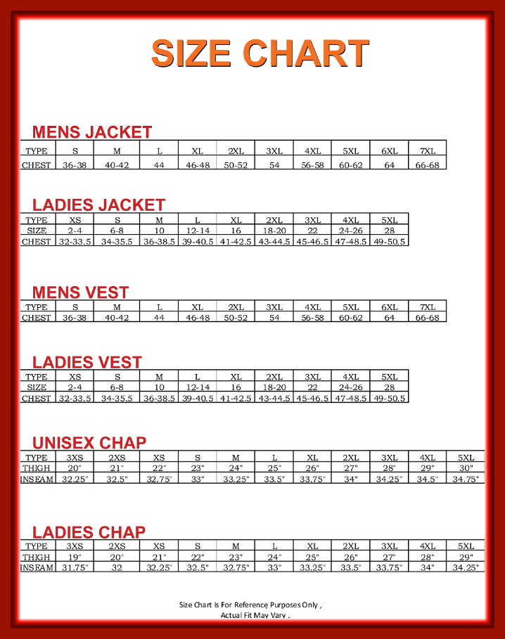 Biker Size Chart | Maggie Valley Biker Wear, North Carolina